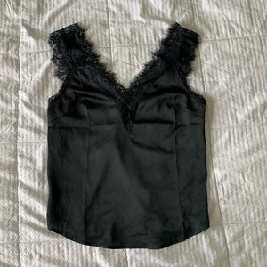 Black Satin Lace Trim Blouse